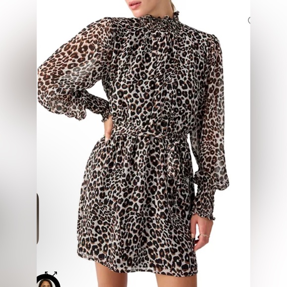 Sanctuary Tie Waist Leopard Ruch High Neck Long Semisheer Sleeves Mini D… - Picture 3 of 11